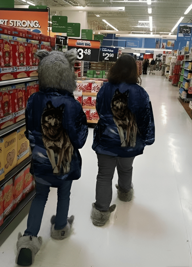 Two people wearing clothing in a store